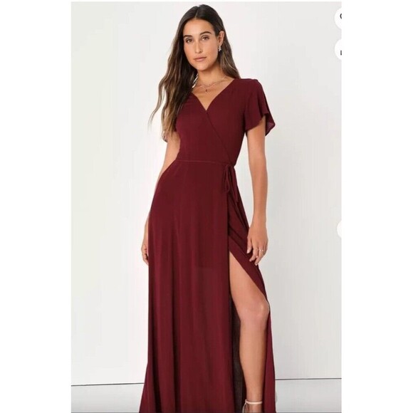 LULUS Heart Of Marigold Burgundy Wrap Maxi Dress Short Sleeve Size‎ XL Maroon - Picture 1 of 12